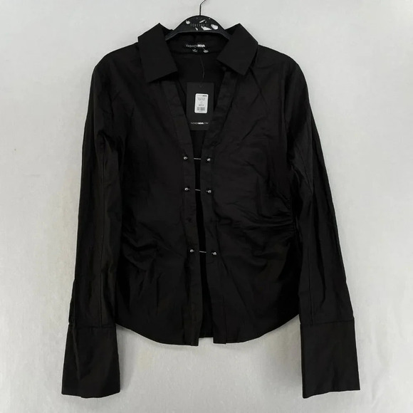 Fashion Nova Top Women's Sz M Black Collared Long Sleeve Toggle Front Side Zip - Picture 1 of 13